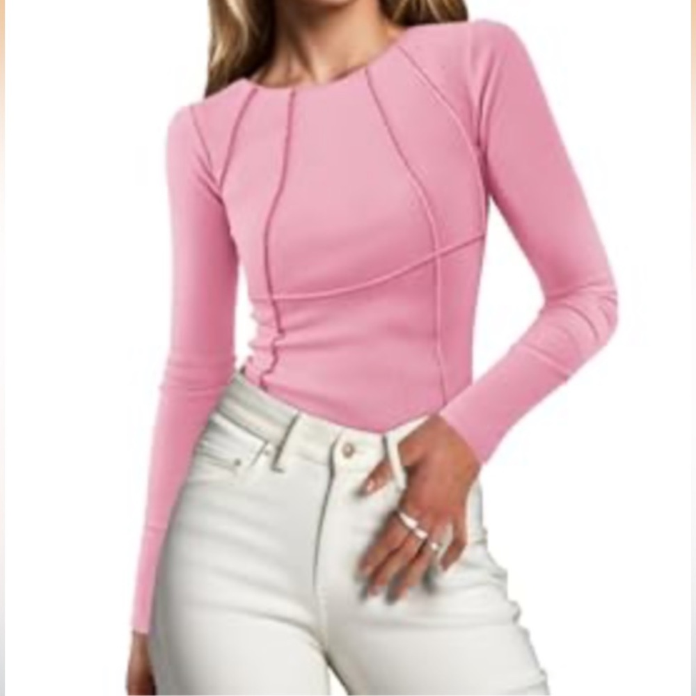 NWT Lueluoye Size XXL Pink Ribbed Long Sleeve Slim Fit Crew Neck Top
